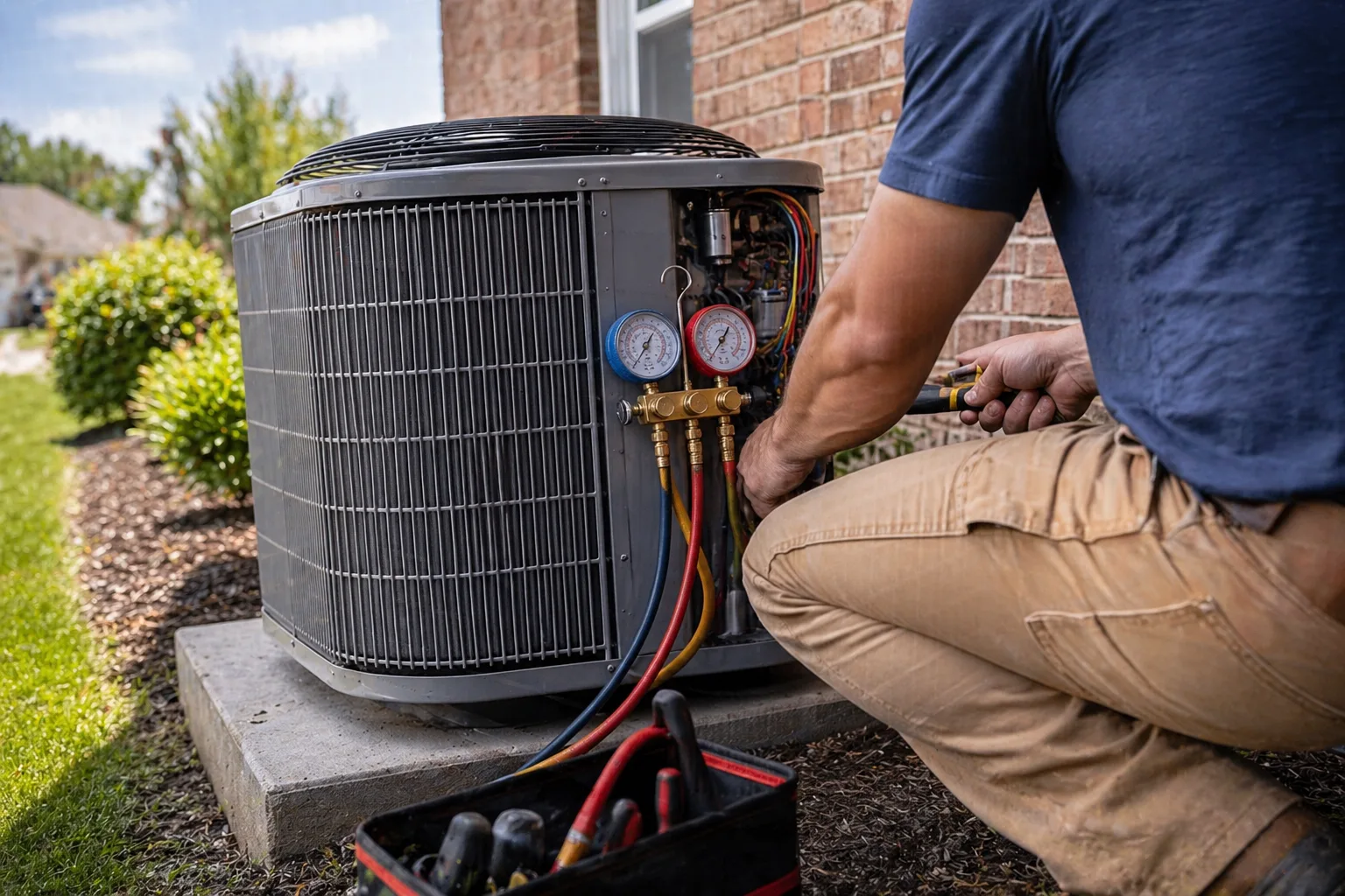 Outdoor AC condenser unit beside a Rowlett, TX lakeside home